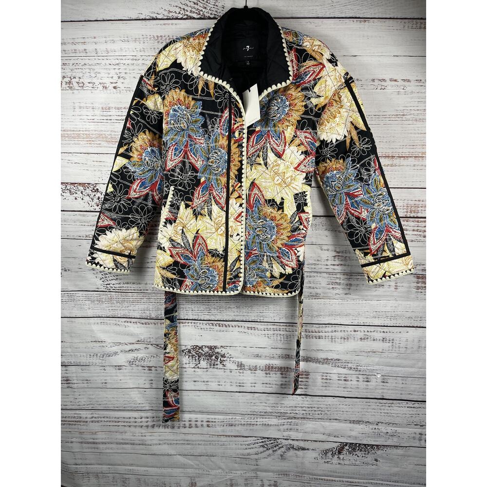 7 For All Mankind Jacket Women's Size S Black Floral Quilted Belted Coat